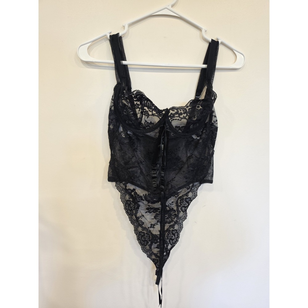Victoria's Secret 80s Size 36B Thong Lace Corset Teddy Body Suit Black Hi Cut